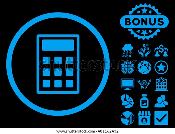 Calculator icon with bonus.\
Vector illustration style is flat iconic symbols, blue color, black\
background.