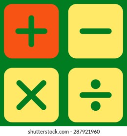 Calculator icon from Business Bicolor Set. This flat vector symbol uses orange and yellow colors, rounded angles, and isolated on a green background.