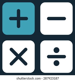 Calculator icon from Business Bicolor Set. This flat vector symbol uses blue and white colors, rounded angles, and isolated on a dark blue background.