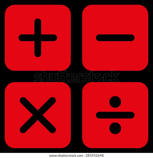Calculator icon from Business Bicolor Set.\
This flat vector symbol uses red color, rounded angles, and\
isolated on a black\
background.