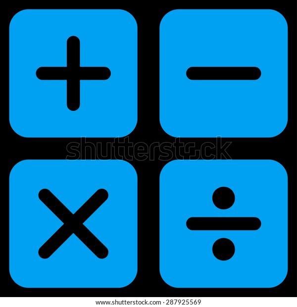 Calculator icon from Business Bicolor Set.\
This flat vector symbol uses blue color, rounded angles, and\
isolated on a black\
background.