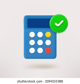 Calculator icon with checkmark. 3d vector icon