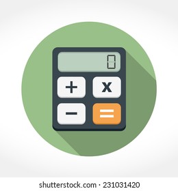 Calculator icon in circle, flat design with long shadow, vector eps10 illustration