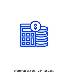 Calculator icon with coin stack and dollar sign line icon. linear style sign for mobile concept and web design. Outline vector icon.