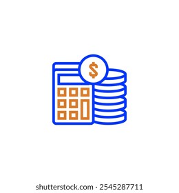 Calculator icon with coin stack and dollar sign line icon. linear style sign for mobile concept and web design. Outline vector icon.