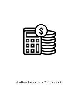 Calculator icon with coin stack and dollar sign line icon. linear style sign for mobile concept and web design. Outline vector icon.