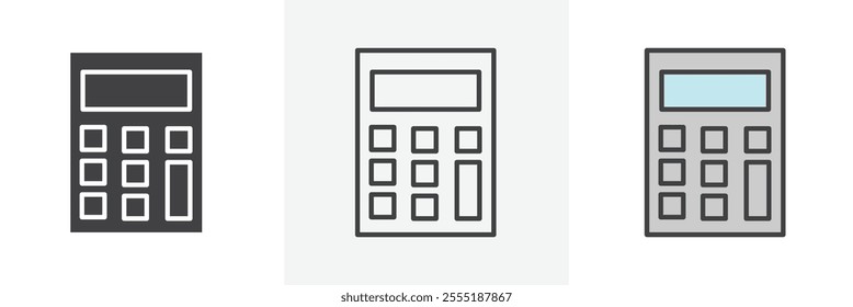 Calculator icon collection in black and colored style.