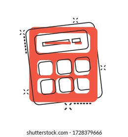 Calculator icon in comic style. Calculate cartoon vector illustration on white isolated background. Calculation splash effect business concept.