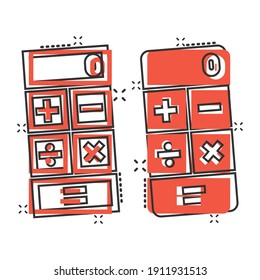 Calculator icon in comic style. Calculate cartoon vector illustration on white isolated background. Calculation splash effect business concept.