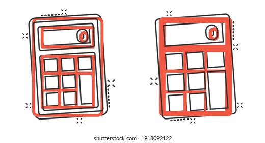 Calculator icon in comic style. Calculate cartoon vector illustration on white isolated background. Calculation splash effect business concept.