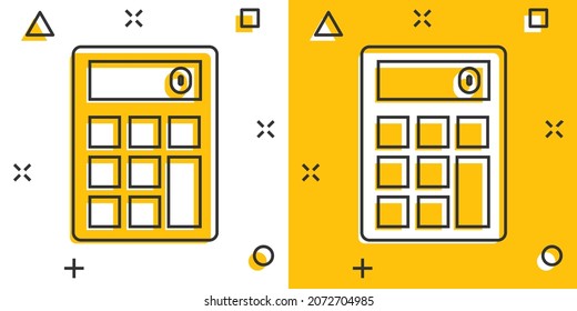 Calculator icon in comic style. Calculate cartoon vector illustration on white isolated background. Calculation splash effect business concept.