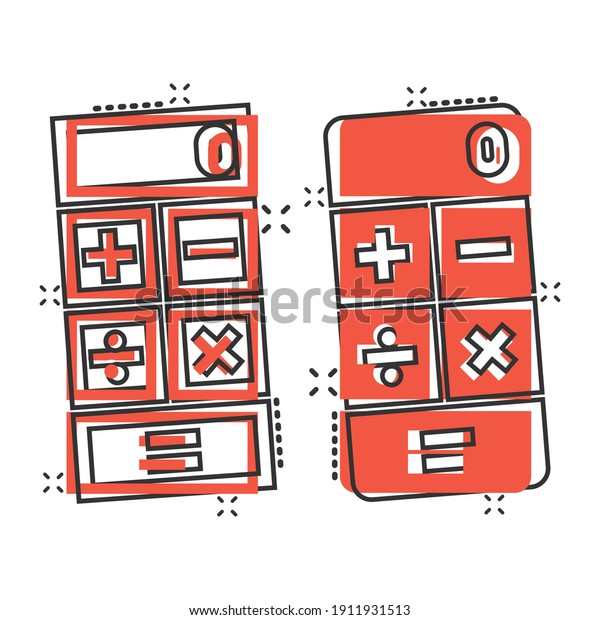 Calculator icon in comic style. Calculate\
cartoon vector illustration on white isolated background.\
Calculation splash effect business\
concept.