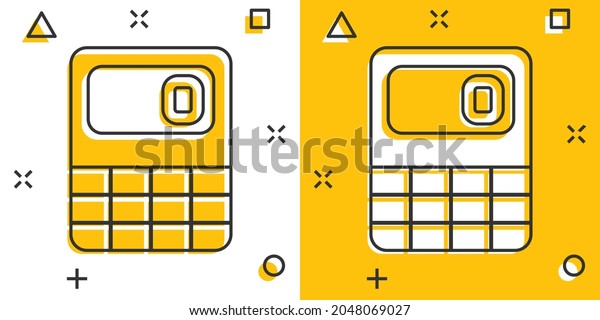Calculator icon in comic style. Calculate\
cartoon vector illustration on white isolated background.\
Calculation splash effect business\
concept.