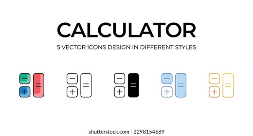 Calculator Icon Design in Five style with Editable Stroke. Line, Solid, Flat Line, Duo Tone Color, and Color Gradient Line. Suitable for Web Page, Mobile App, UI, UX and GUI design.