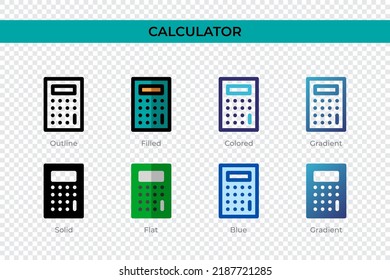 Icono de la calculadora con un estilo diferente. Iconos vectoriales calculadores diseñados en contorno, sólido, colorido, relleno, gradiente y estilo plano. Símbolo, ilustración del logotipo. Ilustración del vector