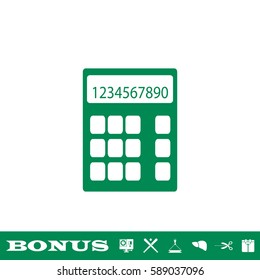 Calculator icon flat. Green pictogram on white background. Vector illustration symbol and bonus button