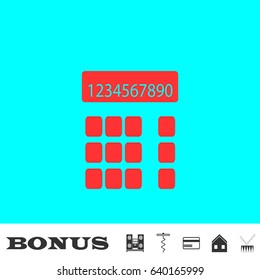 Calculator icon flat. Red pictogram on blue background. Vector illustration symbol and bonus buttons Music center, corkscrew, credit card, house, drum