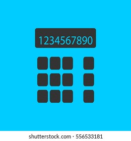 Calculator icon flat. Simple vector black pictogram on blue background