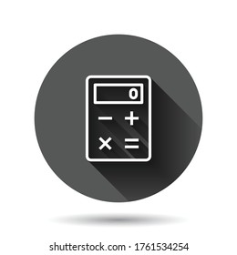 Calculator icon in flat style. Calculate vector illustration on black round background with long shadow effect. Calculation circle button business concept.