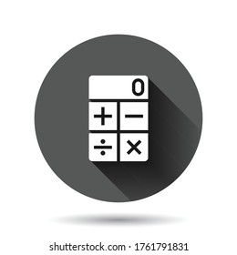 Calculator icon in flat style. Calculate vector illustration on black round background with long shadow effect. Calculation circle button business concept.