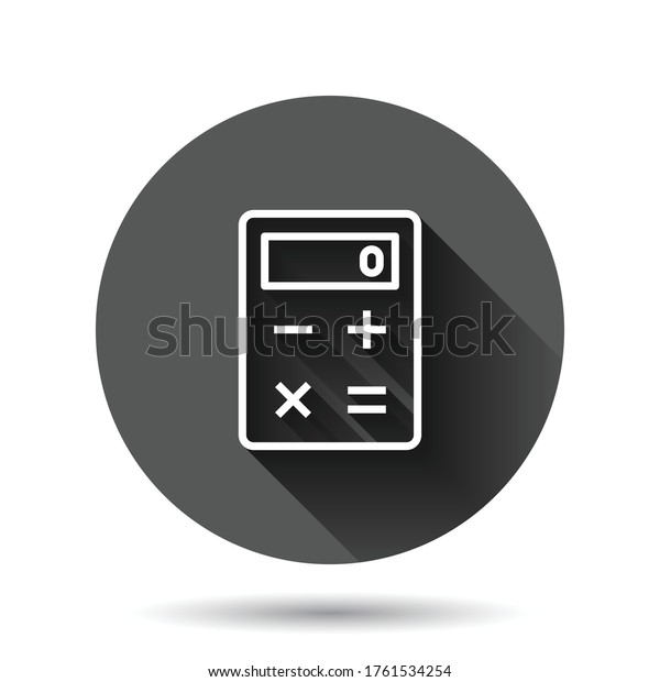 Calculator icon in flat style.\
Calculate vector illustration on black round background with long\
shadow effect. Calculation circle button business\
concept.
