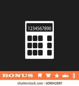 Calculator icon flat. White pictogram on black background. Vector illustration symbol and bonus button tooth, vase, star, mirror, bottle