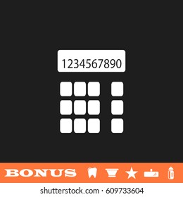 Calculator icon flat. White pictogram on black background. Vector illustration symbol and bonus button tooth, vase, star, mirror, bottle