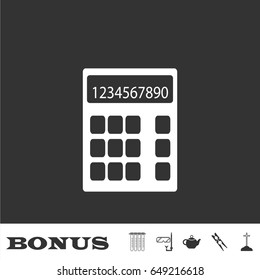 Calculator icon flat. White pictogram on black background. Vector illustration symbol and bonus icons