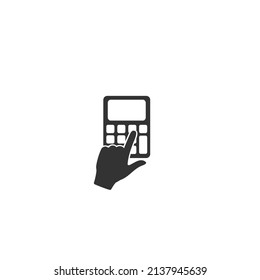Calculator icon with hand in flat style on white background. Vector illustration