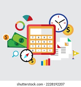 calculator icon illustration design, clock, currency icon, compass icon, paper and more for web template