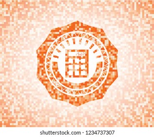 calculator icon inside abstract emblem, orange mosaic background