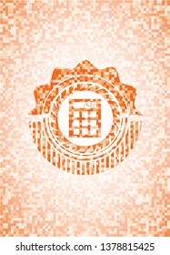 calculator icon inside abstract emblem, orange mosaic background
