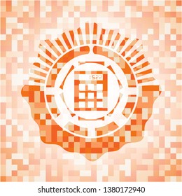 calculator icon inside abstract orange mosaic emblem