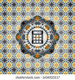 calculator icon inside arabesque emblem background. arabic decoration.
