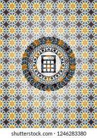 calculator icon inside arabic badge. Arabesque decoration.