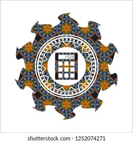 calculator icon inside arabic badge background. Arabesque decoration.