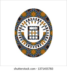 calculator icon inside arabic badge background. Arabesque decoration.