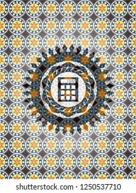 calculator icon inside arabic emblem background. Arabesque decoration.