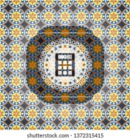 calculator icon inside arabic emblem background. Arabesque decoration.