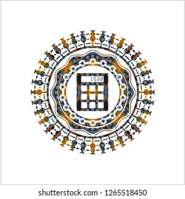 calculator icon inside arabic style emblem. Arabesque decoration.