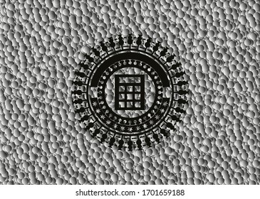 icono de calculadora dentro del emblema negro con fondo de burbujas grises. Ilustración vectorial. Detallado.