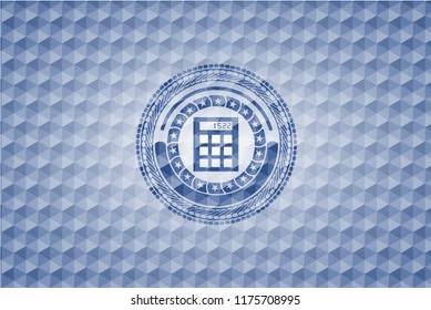 calculator icon inside blue badge with geometric pattern background.