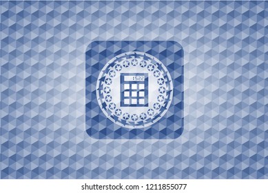 calculator icon inside blue badge with geometric pattern background.