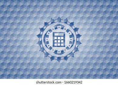calculator icon inside blue badge with geometric pattern background.