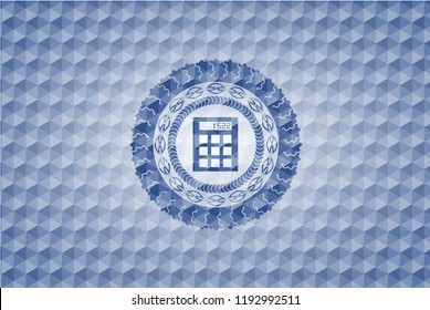 calculator icon inside blue emblem with geometric pattern.