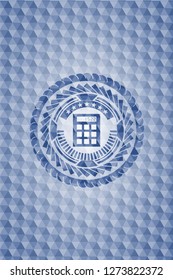 calculator icon inside blue emblem or badge with abstract geometric pattern background.