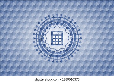 calculator icon inside blue emblem or badge with abstract geometric polygonal pattern background.