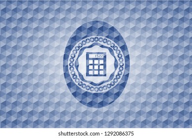 calculator icon inside blue emblem with geometric pattern background.