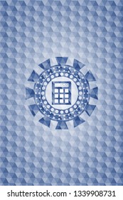 calculator icon inside blue emblem with geometric pattern.