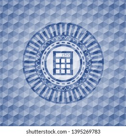 calculator icon inside blue emblem or badge with abstract geometric polygonal pattern background.